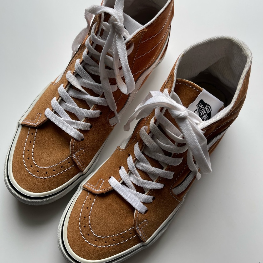 Vans Suede High Top Orange Brown Leather Sneakers Men's 6 Women's 7.5